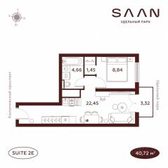 МФК «SAAN», планировка 1-комнатной квартиры, 40.76 м²