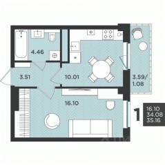 МЖК «Новокасимово», планировка 1-комнатной квартиры, 35.16 м²