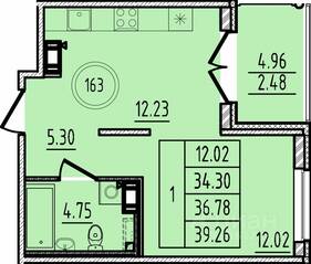 МЖК «Образцовый квартал 14», планировка 1-комнатной квартиры, 34.30 м²