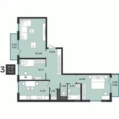 МЖК «Новокасимово», планировка 3-комнатной квартиры, 78.90 м²