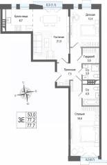 ЖК «Киноквартал», планировка 3-комнатной квартиры, 77.20 м²