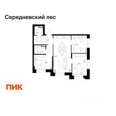 ЖК «Середневский лес», планировка 3-комнатной квартиры, 70.70 м²