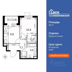 ЖК «1-й Измайловский», планировка 1-комнатной квартиры, 36.10 м²