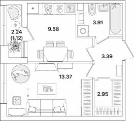 ЖК «Академик», планировка 1-комнатной квартиры, 34.32 м²