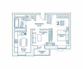 ЖК «Новоград Монино», планировка 2-комнатной квартиры, 57.10 м²