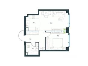 ЖК «Level Мичуринский», планировка 2-комнатной квартиры, 42.60 м²
