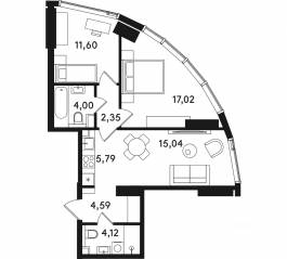 ЖК «Solos», планировка 2-комнатной квартиры, 64.51 м²