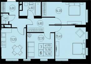 ЖК «31 квартал», планировка 3-комнатной квартиры, 74.90 м²