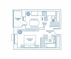 ЖК «Новоград Монино», планировка 1-комнатной квартиры, 34.90 м²