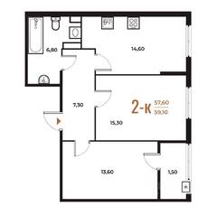 ЖК «Новое Летово», планировка 2-комнатной квартиры, 59.00 м²