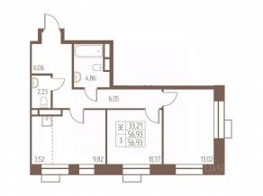 ЖК «Западная Ивантеевка», планировка 3-комнатной квартиры, 56.90 м²