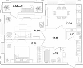ЖК «Тайм Сквер», планировка 2-комнатной квартиры, 61.80 м²
