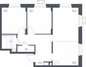 МФК «Люберцы 2023», планировка 2-комнатной квартиры, 63.60 м²