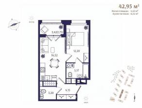 ЖК «Ranta Residence», планировка 1-комнатной квартиры, 42.95 м²