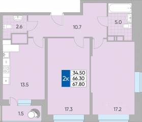 ЖК «Самоцветы мира», планировка 2-комнатной квартиры, 67.80 м²