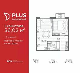 ЖК «Plus Пулковский», планировка 1-комнатной квартиры, 36.02 м²