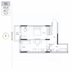 ЖК «Пироговская Ривьера», планировка 1-комнатной квартиры, 46.50 м²