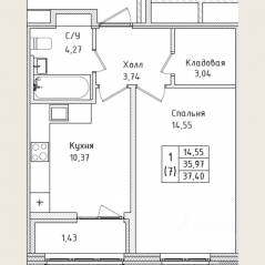 ЖК «Этала», планировка 1-комнатной квартиры, 37.40 м²