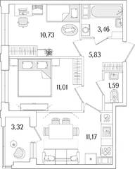 ЖК «Гранат», планировка 2-комнатной квартиры, 45.45 м²
