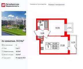 ЖК «Парадный ансамбль», планировка 1-комнатной квартиры, 34.54 м²