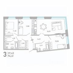 ЖК «Министр», планировка 3-комнатной квартиры, 94.41 м²