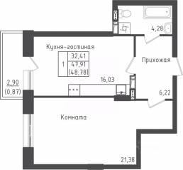 ЖК «Зеленый Оазис-Город», планировка 1-комнатной квартиры, 48.78 м²