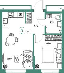 ЖК «Страна.Парковая», планировка 2-комнатной квартиры, 37.38 м²