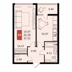 ЖК «ДОМодедово Парк», планировка 1-комнатной квартиры, 37.31 м²