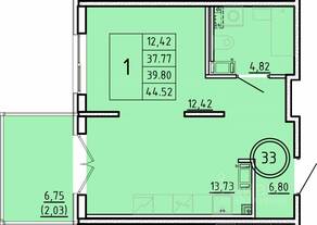 МЖК «Образцовый квартал 16», планировка 1-комнатной квартиры, 37.77 м²