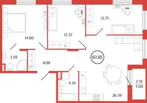 ЖК «Энфилд», планировка 3-комнатной квартиры, 83.85 м²
