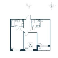 ЖК «Расцветай в Янино», планировка 3-комнатной квартиры, 63.98 м²
