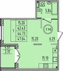 МЖК «Образцовый квартал 14», планировка 1-комнатной квартиры, 42.43 м²