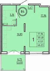 МЖК «Образцовый квартал 16», планировка 1-комнатной квартиры, 39.48 м²
