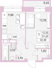 ЖК «Столичный», планировка 1-комнатной квартиры, 31.90 м²