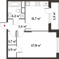 ЖК Миниполис «Восемь кленов», планировка 1-комнатной квартиры, 40.50 м²