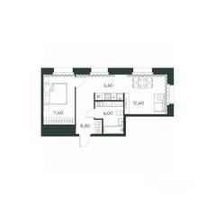 ЖК «Моисеенко, 10», планировка 1-комнатной квартиры, 44.40 м²