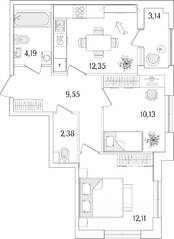 ЖК «Гранат», планировка 2-комнатной квартиры, 52.28 м²