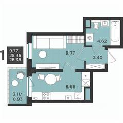 МЖК «Новокасимово», планировка 1-комнатной квартиры, 26.38 м²