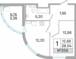 ЖК «Дом-Мегалит в Королёве», планировка 1-комнатной квартиры, 37.50 м²