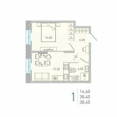 ЖК «Lovo», планировка 1-комнатной квартиры, 38.40 м²