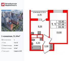 ЖК «Город звезд», планировка 1-комнатной квартиры, 31.44 м²