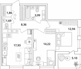 ЖК «Cube», планировка 2-комнатной квартиры, 63.80 м²
