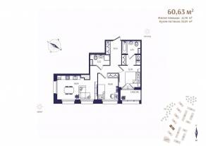 ЖК «Ranta Residence», планировка 2-комнатной квартиры, 60.63 м²