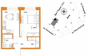 ЖК «Страна.Парковая», планировка 1-комнатной квартиры, 38.42 м²
