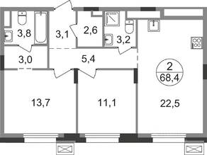 ЖК «Резиденции Сколково», планировка 2-комнатной квартиры, 68.40 м²
