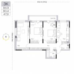 ЖК «Пироговская Ривьера», планировка 3-комнатной квартиры, 80.50 м²