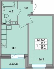 ЖК «Удача», планировка 1-комнатной квартиры, 38.40 м²