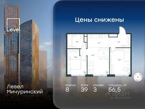 ЖК «Level Мичуринский», планировка 3-комнатной квартиры, 56.50 м²