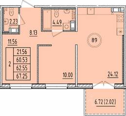 МЖК «Образцовый квартал 17», планировка 2-комнатной квартиры, 60.53 м²