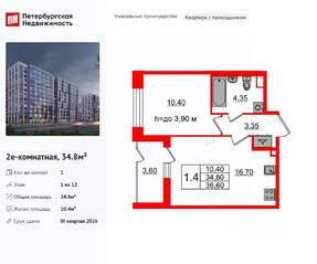 ЖК «Бионика Заповедная», планировка 1-комнатной квартиры, 34.80 м²